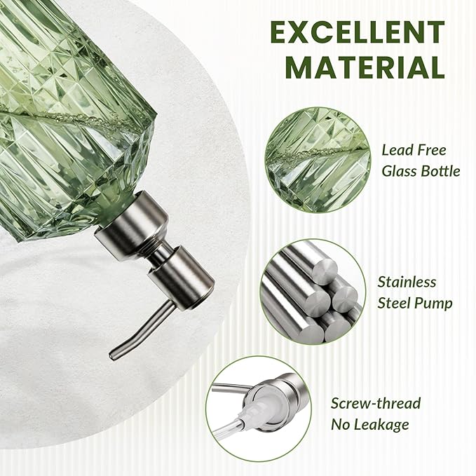 AmazerBath Soap Dispenser, Green Glass Soap Dispenser with Pump Stainless Steel, 14.2OZ Refillable Hand Bottles Bathroom Kitchen, 1 Pack
