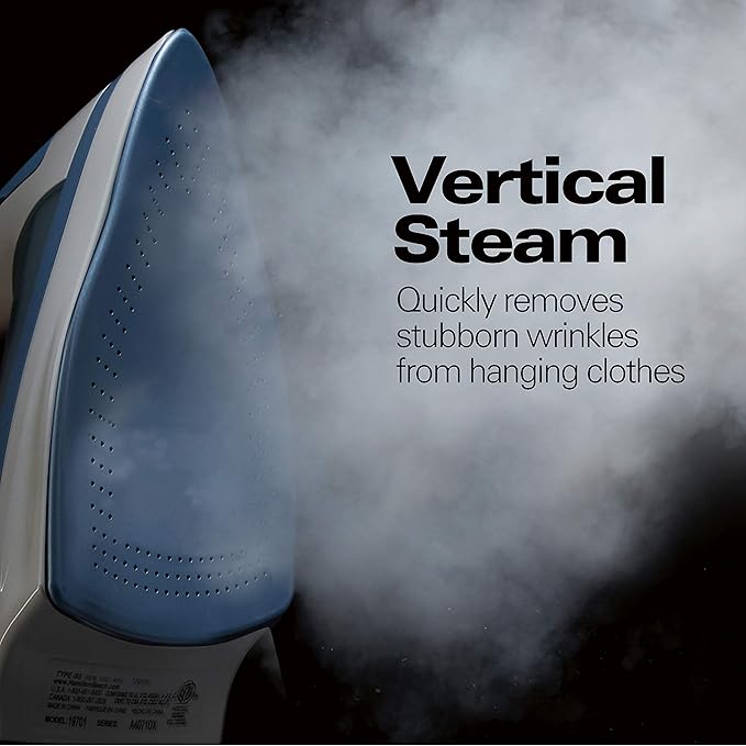 Hamilton Beach Steam Iron & Vertical Steamer for Clothes with Scratch-Resistant Soleplate, Adjustable Steam Settings + 8’ Cord Wrap, 3-Way Auto Shutoff, Anti-Drip, Self-Cleaning, 1500 Watts, Blue