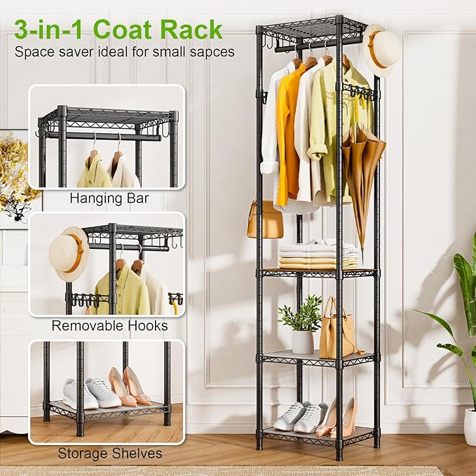 R1 Black & R1 White Coat Rack Freestanding, Hall Tree with 4 Storage Shelves and 16 Hooks, Coat Rack Stand with Shelves, Small Clothes Rack Organizer for Entryway, Hallway, Bedroom, Office