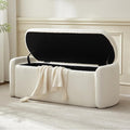 VKNOW Storage Ottoman Bench, 46" Upholstered Oval End of Bed Bench Ottomans Bench Foot Rest, Sherpa Storage Bench for Bedroom, Living Room and Hallway, Beige