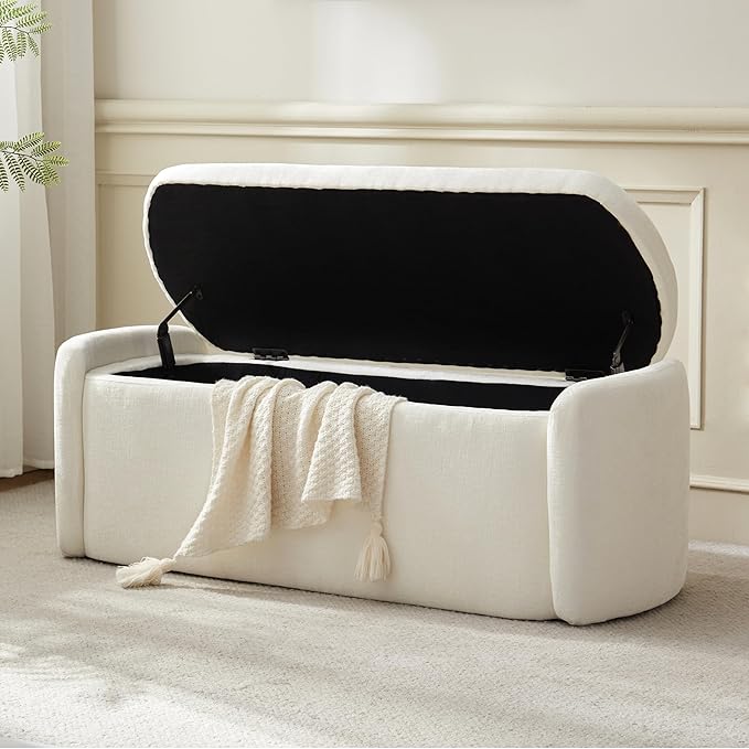 VKNOW Storage Ottoman Bench, 46" Upholstered Oval End of Bed Bench Ottomans Bench Foot Rest, Sherpa Storage Bench for Bedroom, Living Room and Hallway, Beige