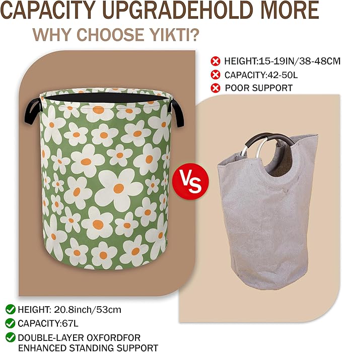 70s Groovy Flower Laundry Hamper,Green Floral Collapsible Laundry Baskets,Waterproof Oxford Cloth Laundry Room Organization for Bedroom,Bathroom,Nursery,16x20 Inch