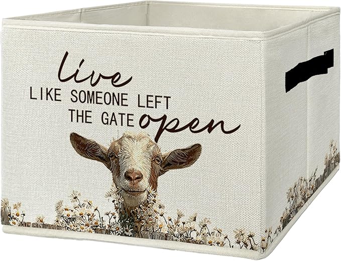 Rustic Goat Storage Bins & Boxes with Handles, Farmhouse Goat Foldable Basket for Organizing, Live Like Someone Left the Gate Open Collapsible Storage Basket for Bedroom Bathroom Clothes Toys