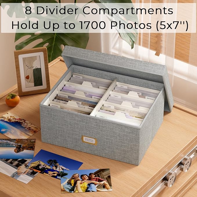 Decorative Photo Storage Box - Linen Photo Box Organizer with Dividers, Fits Holds Up to 1700 Pictures and 5x7 Photos, Memory Keepsake Organizer for Photos, Scrapbook Supplies, Cards, Stamps (Grey)