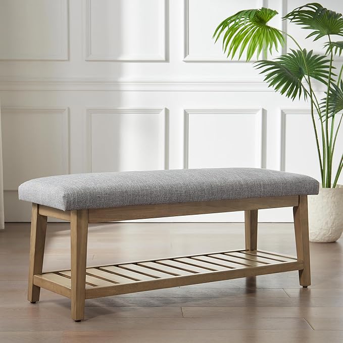 Entryway Bench, Chenille Upholstered Shoe Benches for Bedroom, Ottoman Benches with Solid Wood Shelf, Storage Bench for Hallway, Living Room(Grey)
