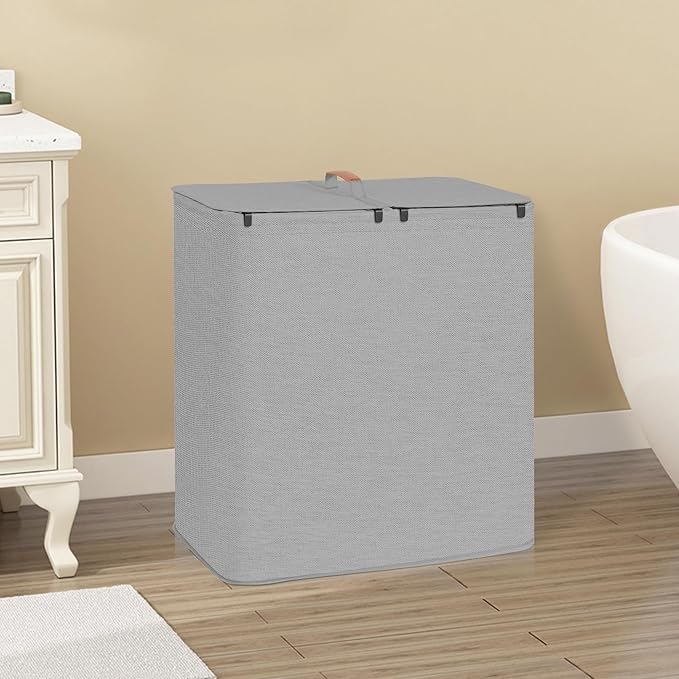 STORAGE MANIAC Double Laundry Hamper, 136L Laundry Sorter with Lid and Removable Bags, Clothes Hamper, Large 2 Section Clothes Basket with Handles for Small Space, Dorm, Closet, Bathroom, Gray