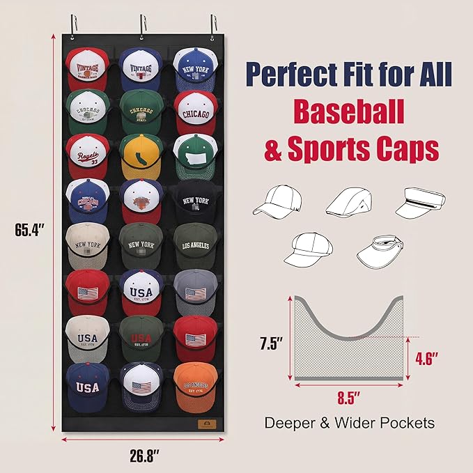 Hat Organizer for Baseball Caps, 24 Deep Pockets Hat Rack, Breathable & Visible, Black Hat Holder with 3 Hooks for Door, Bedroom, Closet Organizer