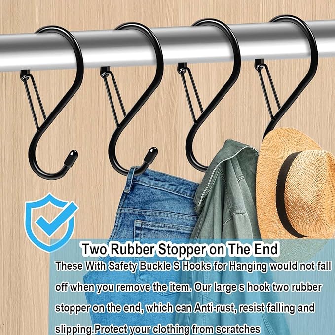 Dreecy 4 Inch S Hooks for Hanging with Safety Buckle, 20 Pcs Heavy Duty Metal S Hooks with Stopper Non Slip, Closet Hooks for Hanging Plants, Clothes, Kitchen Utensil, Pots, Pans, Bags (Black)