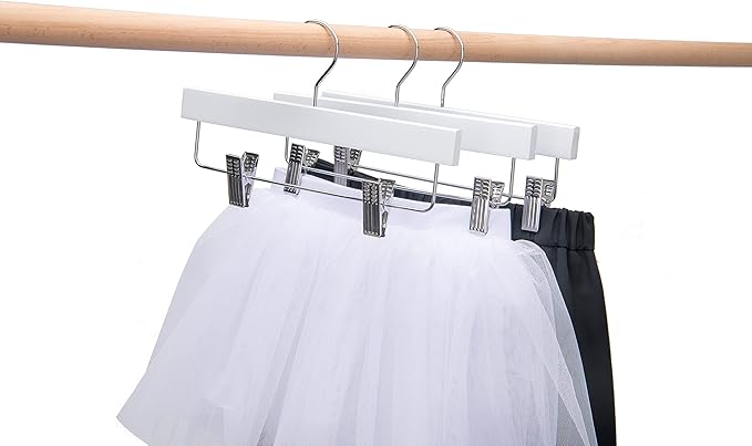 Quality 11 Inches Kids Wooden Pants Hangers 80 Pack - Skirt Hangers with Adjustable Metal Clips 360° Swivel Chrome Hook & Nonslip Notches- Ideal for Clothes Size 8 and Smaller (White, 80)