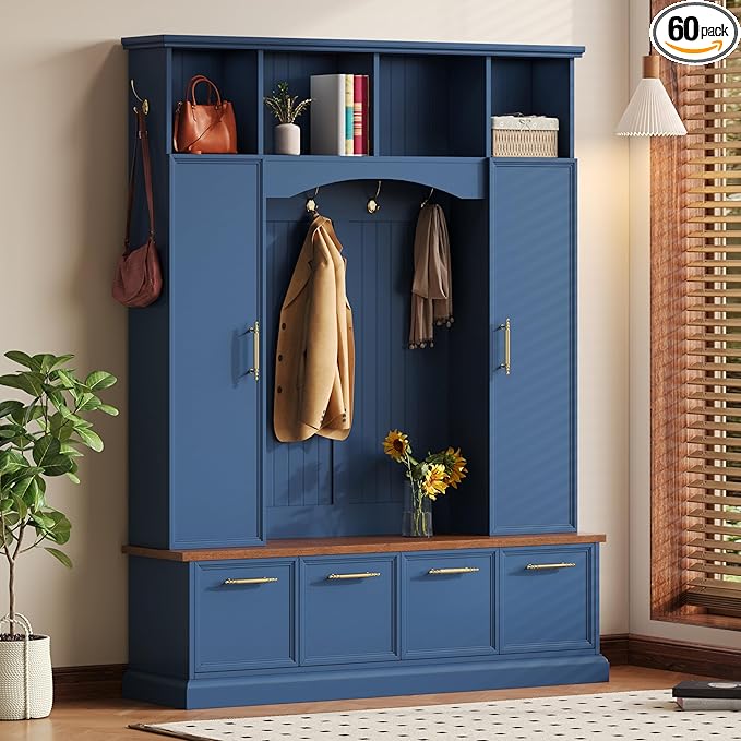 Versatile Hall Tree with Golden Hooks and 2 Doors, 5-in-1 Wood Coat Rack Entryway Shoe Cabinet with Bench& Adjustable Shelves, Functional 59'' Wide Hall Tree for Entrance Hallway