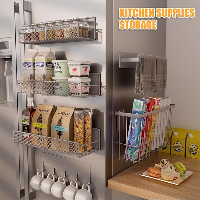 Laundry Organizer with Hanger 6-Pack, Magnetic Shelves for Washing Machine, Magnetic Refrigerator Shelves, Magnet Holder & Baskets, Metal Storage System for Laundry Room, Grey