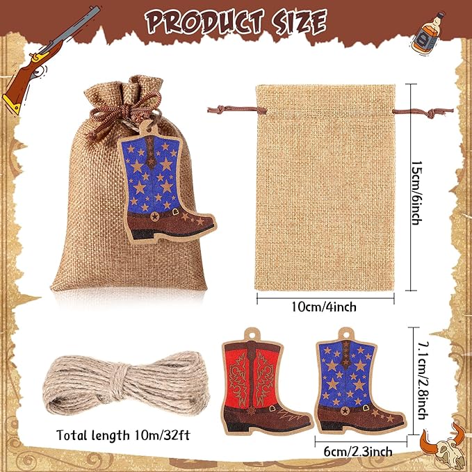 Mooliwe 50 Pcs Burlap Drawstring Bags with Boot Shape Tags, Western Cowgirl Gift Sacks Bulk 4 x 6 Inches Reusable Burlap Candy Pouch for Bachelorette Cowboy Baby Shower Wedding Party Favor(Red Blue)