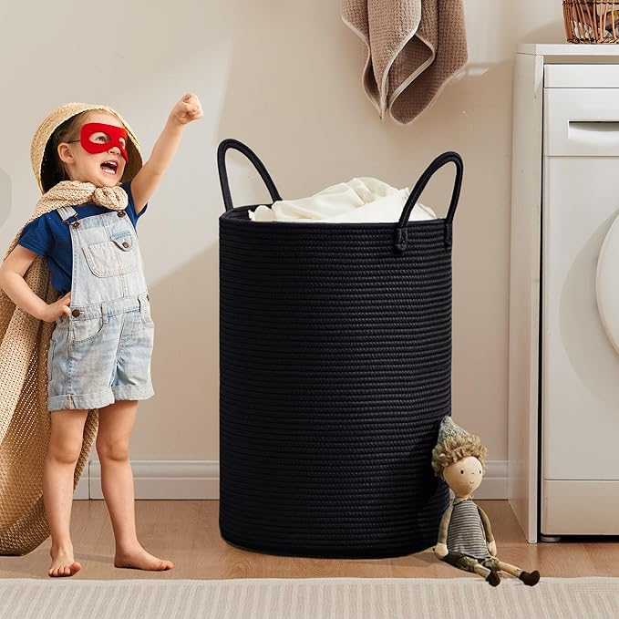 80L Black Woven Rope Hamper Laundry Basket for Clothes Tall Modern Blanket Storage Basket in Living Room Bedroom Extra Large