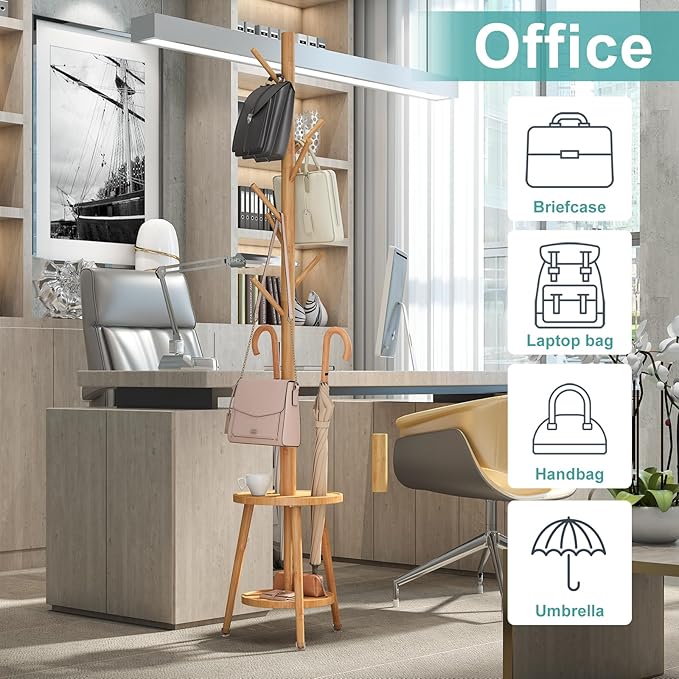 Coat Rack, Bamboo Wood Coat Freestanding with Umbrella Holder, Adjustable Height Coat Stand with 8 Hooks, kids coat rack, Used In The Bedroom Living Room, Office To Hang Clothes, Hats, Bags (Natural)
