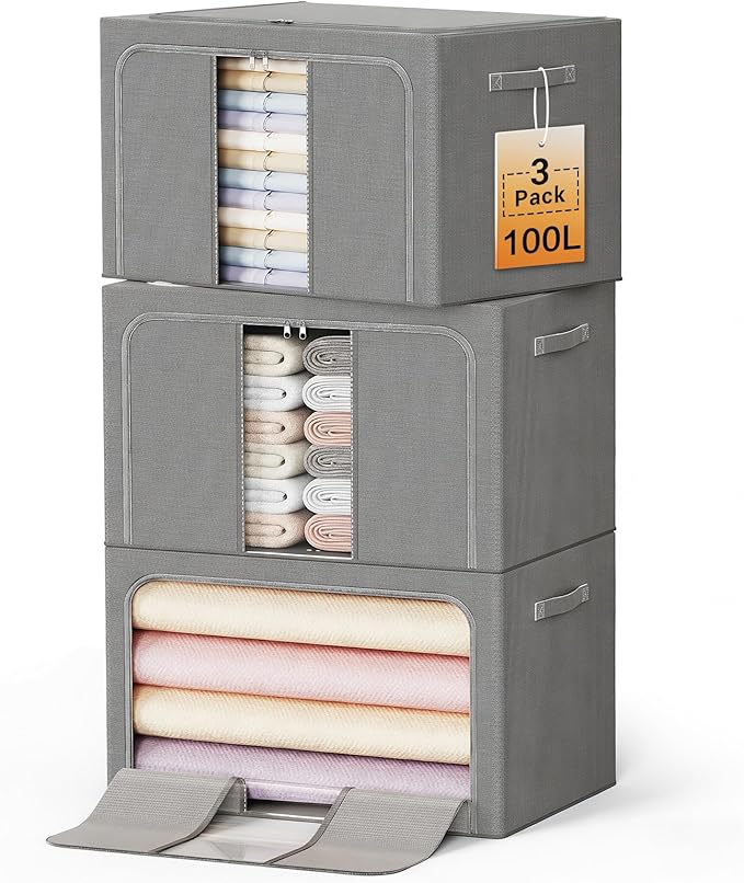 Clothes Storage Bins with Metal Frame Foldable Storage Box Clothes Organizers Storage Containers for Clothes Sheets Blankets Books Toys Gifts and Holiday Decorations (100Lx3 Pack) Deep grey