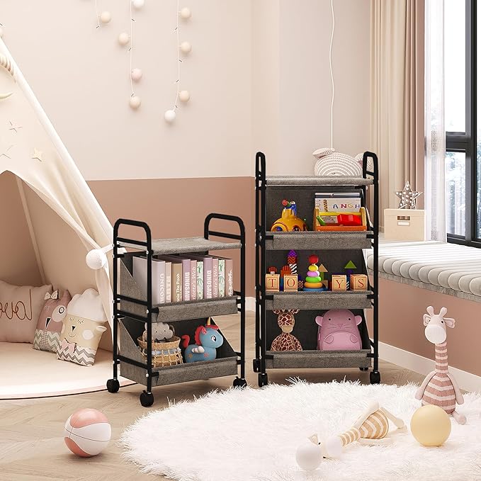 Buzowruil Utility Rolling Fabric Storage Rack Trolley Toy Rack Trolley with 2 Large Storage Boxes,Wheels, Suitable for Bedroom, Living Room, Entryway, Grey