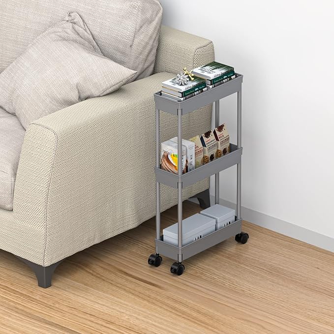 Sooyee Slim Storage Cart,3 Tier Bathroom Rolling Utility Cart Storage Organizer Slide Out Cart, Mobile Shelving Unit Organizer Trolley for Office Bathroom Kitchen Laundry Room Narrow Places, Grey