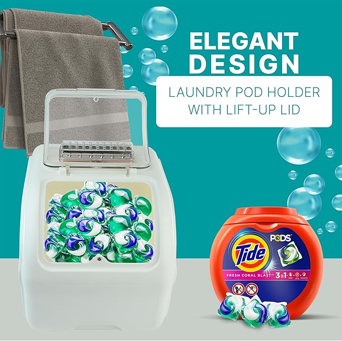 Skywin TidyFriend Laundry Pods Container with Acrylic Lift Up Lid, 9.8" x 7.3" x 6.3", Airtight Storage Keeps Pods Fresh, Laundry Detergent Container & Dishwasher Pod Holder (White)