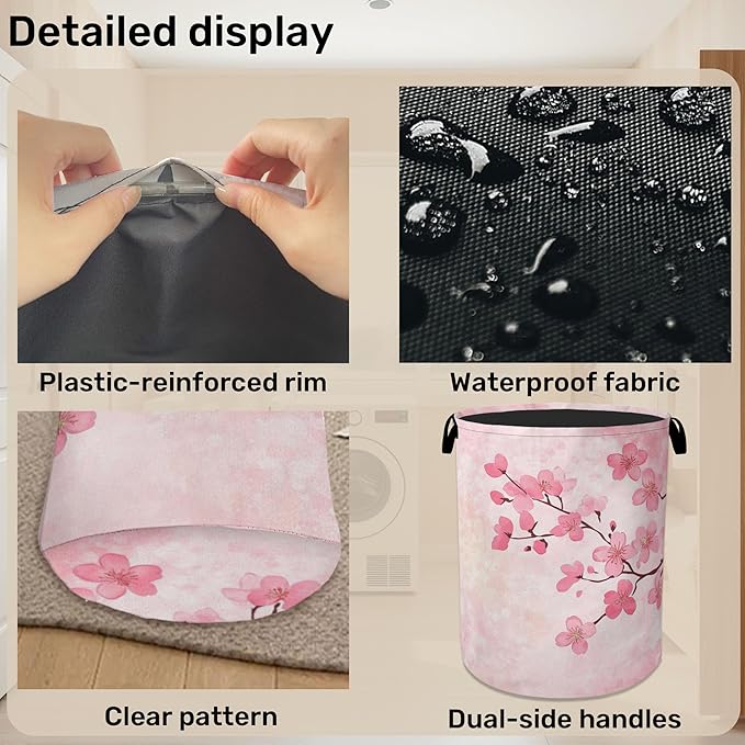 Pink Cherry Blossoms Laundry Basket - Extra Large Foldable Laundry Hamper for Bathroom/Laundry/Bedroom/Dorm, Washable Fabric Storage Bin with Handles