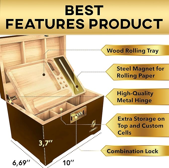HOVANZO Premium Large Bamboo Storage Box with Removable Tray - Storage Wood Box for Herbs and Accessories - Storage Box Set with Combination Lock - Smell Proof Container with Accessories