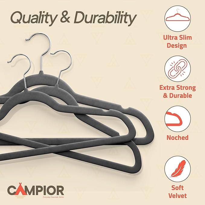 Gray Velvet Hangers 60 Pack – 360° Swivel Hook, Non-Slip and Space Saving Hangers, Heavy-Duty 11 lbs Weight Capacity - Smooth Velvet Finish for Crease-Free Clothes and Effortless Closet Organization