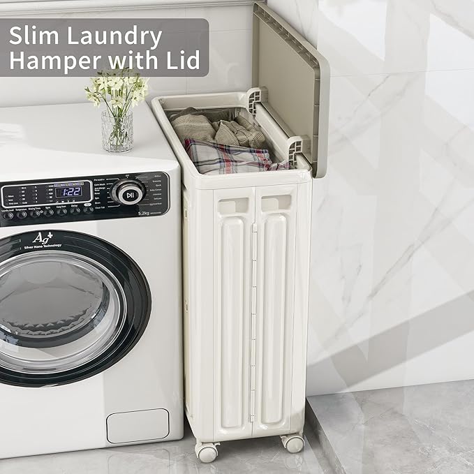 Laundry Hamper with Wheels and Lid, Foldable Clothes Hamper, Large Capacity Rolling Laundry Basket, Stackable & Collapsible Laundry Organizer for Bathroom, Bedroom, Laundry Room, Gym