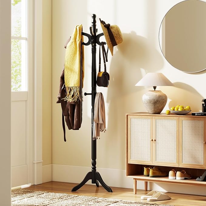 Tangkula Coat Rack Freestanding, Solid Rubber Wood Coat Tree with 11 Hooks and 3 Height Options for Coats, Hats, Bags, Purses, Clothes, Hanger Stand for Entryway Hallway Bedroom Office (Black)