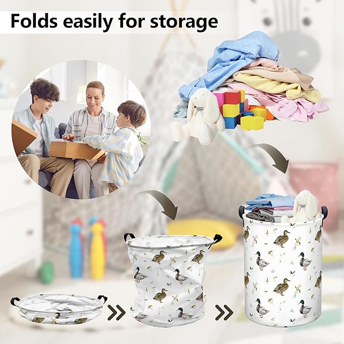Mallard Duck Laundry Basket, Collapsible Waterproof Oxford Cloth Laundry Hamper, Funny Round Kids Toys Storage Basket as Room Decor, Cute Duck Dirty Clothes Hamper for Bedroom Bathroom Dorm (Brown)