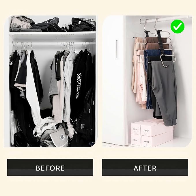 2 Pack Pants Hangers Space Saving- Multi Pants Hanger Save 80% Space - 5 in 1 Pant Rack Hanger for Clothes Organizer, Multifunctional Pants Rack with 10 Stainless Steel Anti-Slip.