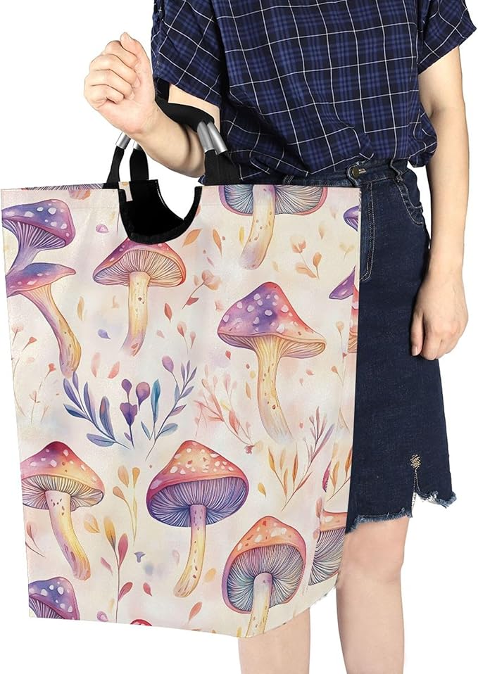 xigua Watercolor Cute Mushrooms Large Laundry Hamper with Handle, Foldable Clothes Hamper Collapsible Storage Basket for Toys and Clothes Organization in Bedroom, Bathroom, and Laundry Room