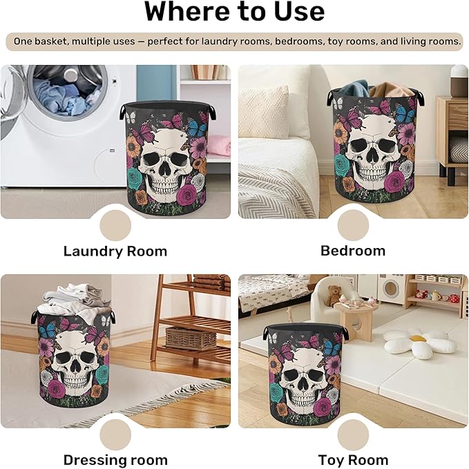 Skull Gothic Laundry Hamper - Foldable Waterproof Fabric Laundry Basket with Handles, Clothes Storage for Laundry,Bedroom,Dorm