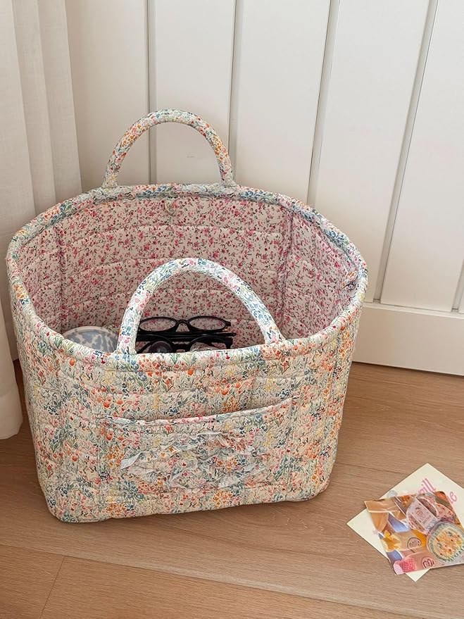 Quilted Laundry Basket Floral Storage Basket Cute Fabric Laundry Baskets Large Boho Foldable Nursery Hamper (Floral01)