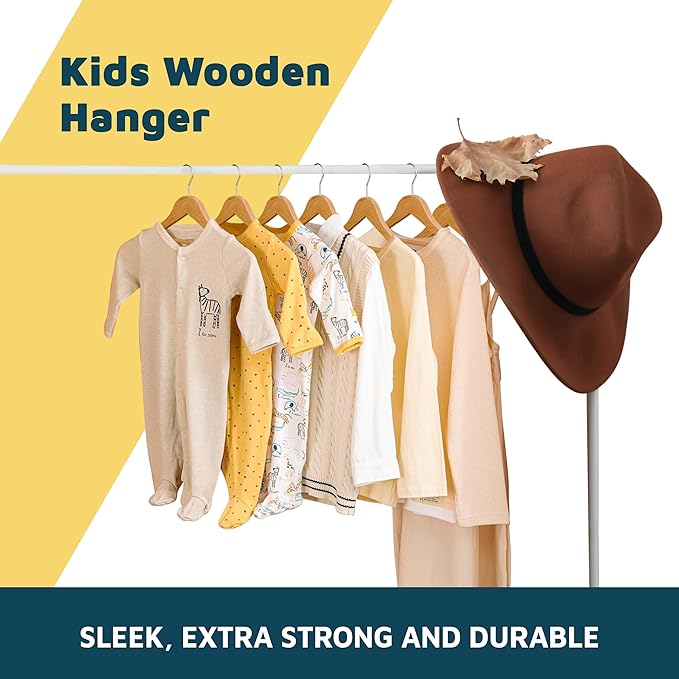 Natural Color Wooden Kids Hangers 20 Pack, Toddler & Baby Wooden Hangers, 11.8" Solid Maple Wood with 360° Swivel Hook, Pants Bar & Notches, Up to 7.7lb Capacity, Space-Saving Design for Ages 0–8