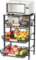 JAQ Fruit Vegetables Carts, 4-Tier Slide Out Metal Storage Baskets Stand Organizers with Wood Top and Handle on Rolling Wheels for Onions in Kitchen Pantry Fruteros para Cocina -(Black, 4 Layer)