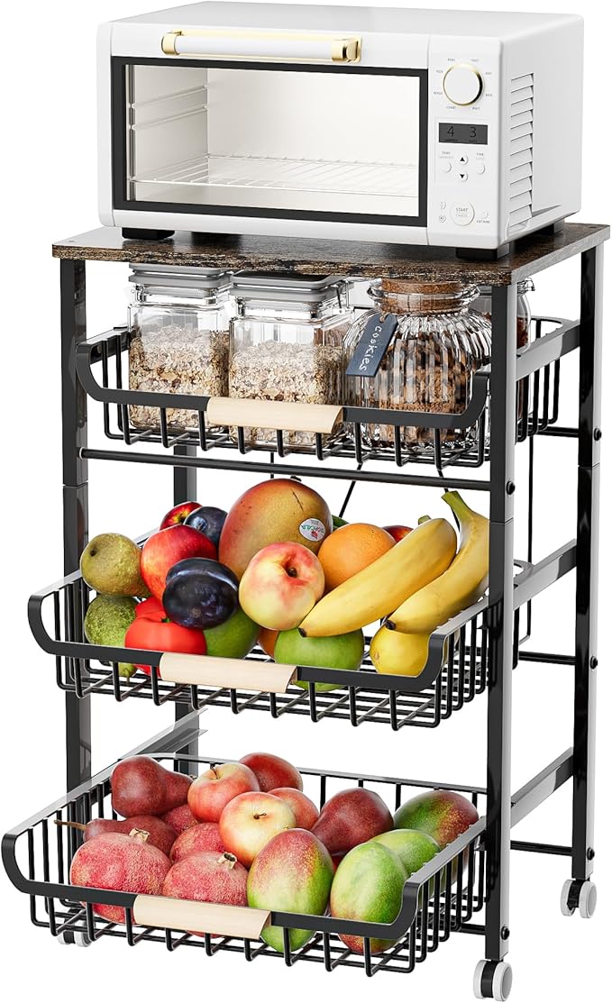 JAQ Fruit Vegetables Carts, 4-Tier Slide Out Metal Storage Baskets Stand Organizers with Wood Top and Handle on Rolling Wheels for Onions in Kitchen Pantry Fruteros para Cocina -(Black, 4 Layer)