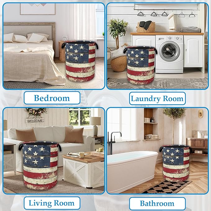 American Flag Laundry Basket Collapsible Laundry Hamper with Handle, Oxford Clothes Toy Storage Bin for Bathroom Bedroom Room Décor 16" X 20.8"