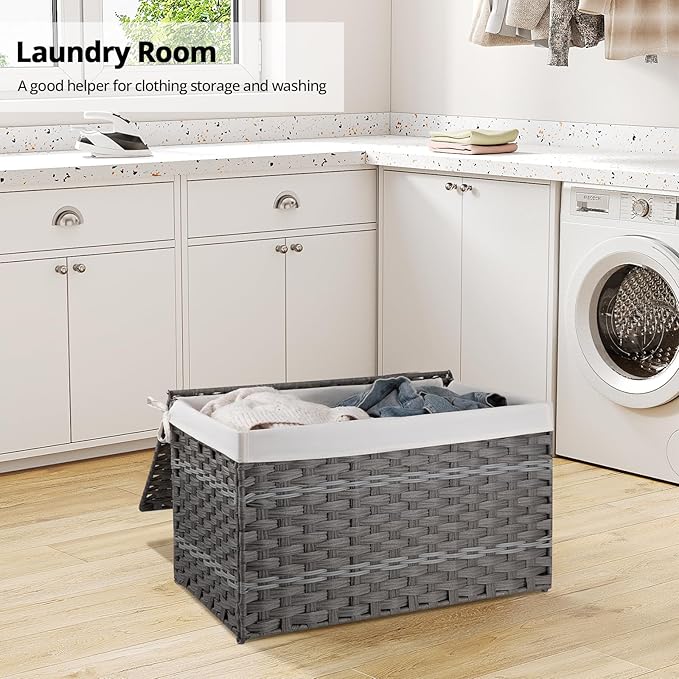 OIAHOMY Storage Basket with Lid, 27.7 Gallon (105L) Blanket Basket with Removable Liner Bag, Synthetic Wicker Hamper with Handle, Hamper for Living Room, Grey