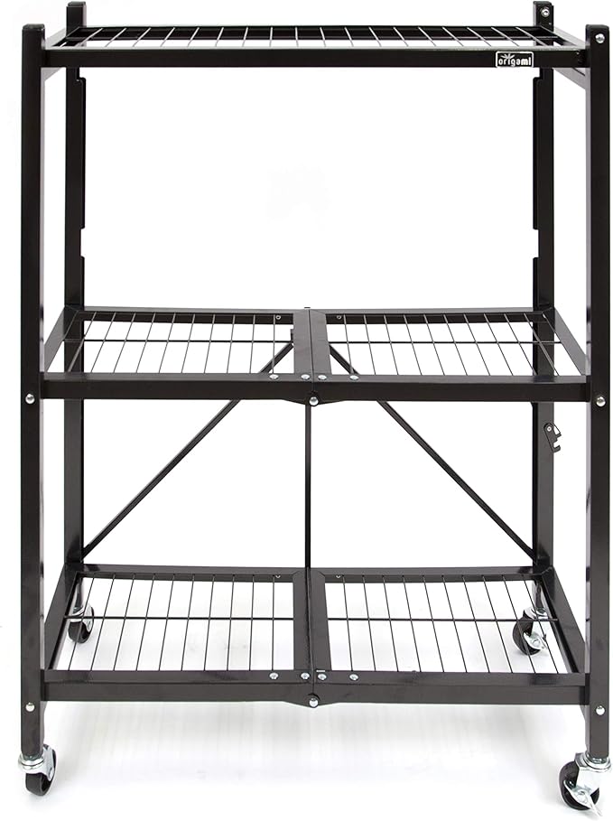 Origami 3-Shelf General Purpose Collapsible/Foldable Shelving Unit, Small Rack with Wheels | Organizer, Rolling Cart, Home Kitchen Laundry Closet Storage, Metal Wire, Pre-Assembled | Black