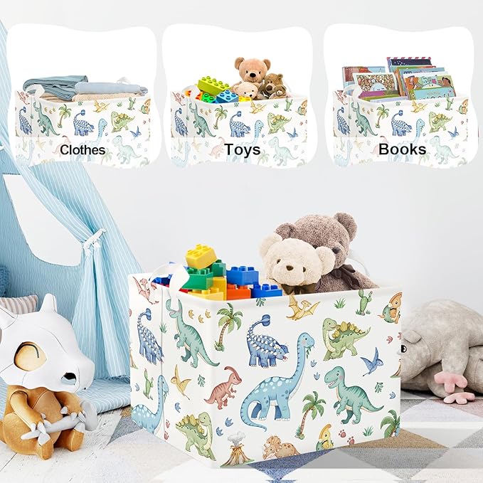Clastyle Boho Dinosaur Laundry Basket Palm Tree Kids Clothes Book Storage Basket Gift Toy Box for Bedroom Decor,Pterosaur,40x30x30 cm