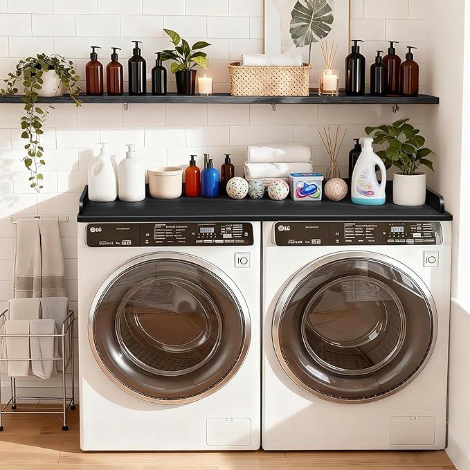 Washer Dryer Countertop 54 x 27.5 MDF Laundry Countertop Topper with Raised Edge, No Install Waterproof Non Slip Washer Dryer Top, Fits Front Load Machines, 200 lb Capacity, Black