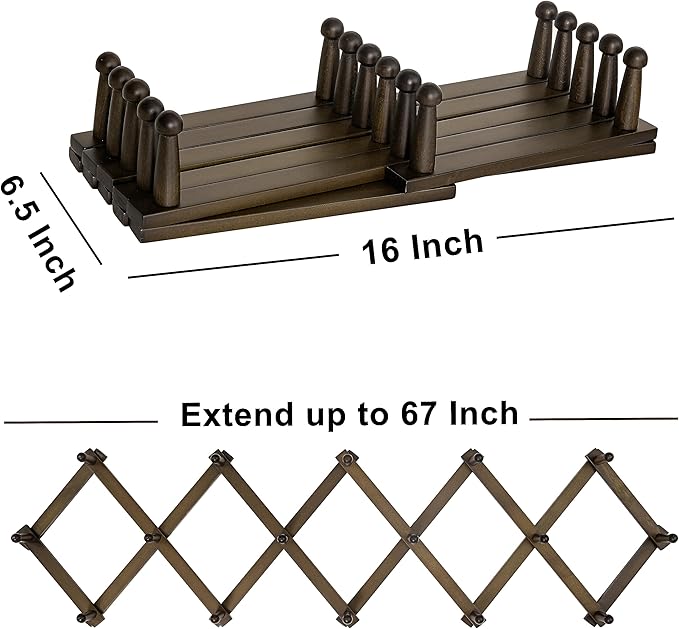 Dseap Accordion Wall Hanger:16'' High Wooden Wall Expandable Coat Rack,Hat Rack Holder,Accordion Hook for Baseball Caps,Coats,16 Peg Hooks,Dark Walnut