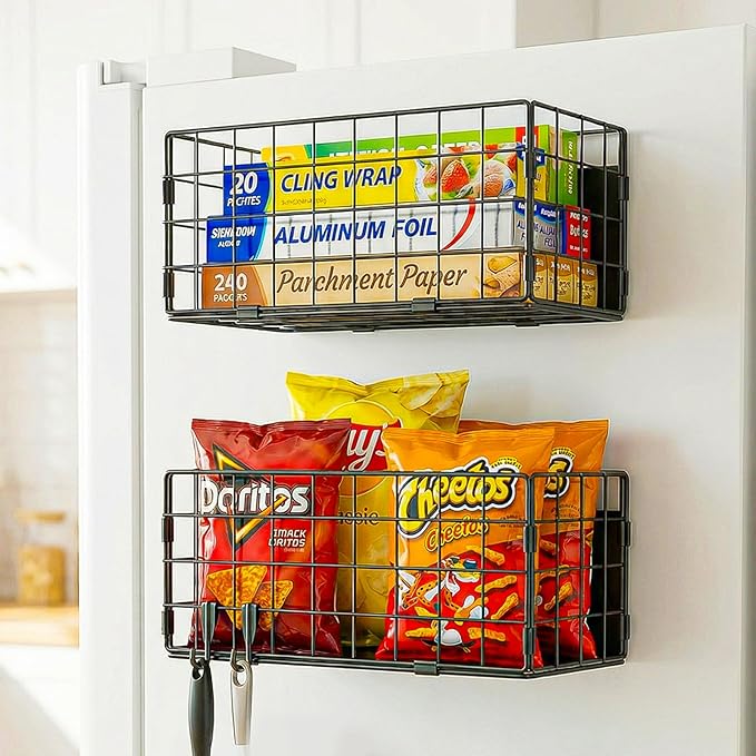 Enkrio 2 Pack Magnetic Basket for Laundry Room & Fridge Side, Large Metal Fruit Potato Onion Storage Bin with Strong Magnets & Hooks, Magnetic Organizer Shelf for Refrigerator