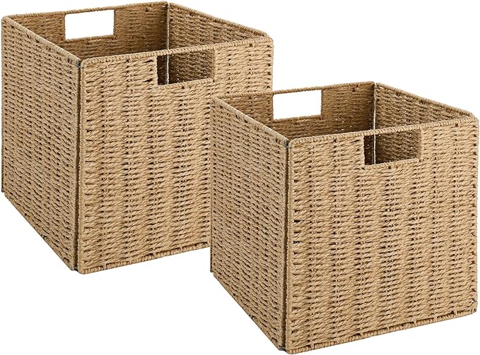 Vagusicc Wicker Storage Basket, Set of 2 Hand-Woven Wicker Basket, 11 inch Storage Baskets for Organizing and Decor, Foldable Cube Storage Organizer Bins Baskets for Shelves, Woven Basket, Natural