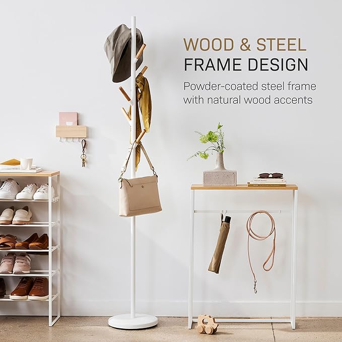 YAMAZAKI Home Freestanding Coat Rack Stand – Modern Coat Tree With Wooden Hooks, Standing Coat Hanger For Entryway, Sturdy Weighted Base, Steel, White, Easy Assembly, 70" - Steel