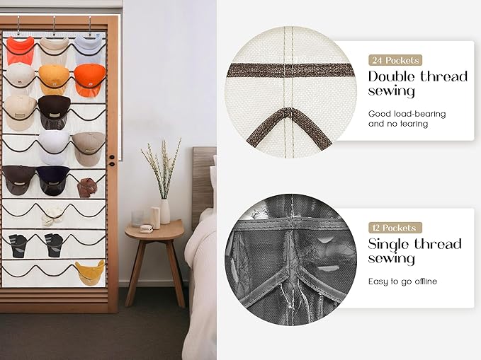 LoforHoney Hat Organizer for Baseball Caps, Over The Door Hat Rack with 24 Deep Pockets, 3 Hooks, Visible Hat Holder, Beige