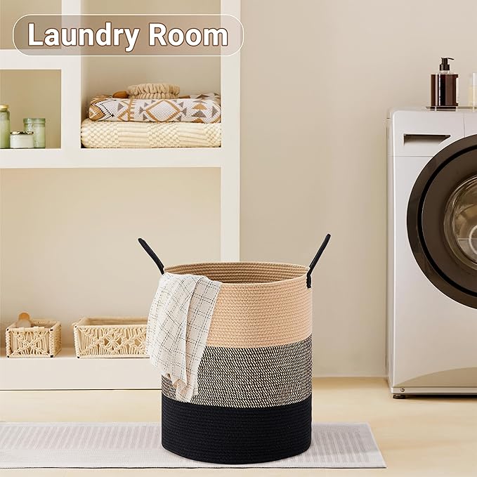 Tall Laundry Basket with Handles, 58L Portable Dirty Clothes Hamper, Boho Cotton Rope Storage Bin for Blankets Kids Toys Gifts, Decorative Organizer for Nursery Bedroom Bathroom, Brown & Black