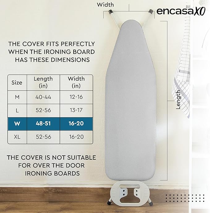Encasa XO Ironing Board Cover and Pad 49"x18" - 4mm Felt & 2mm Foam Metallized Silver Iron Board Cover with Padding - Heat & Scorch Resistant, Non Slip, Bungee Elasticated, 3 Fasteners Silver Luxury