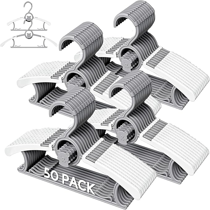 50 Pack Baby Hangers for Nursery Closet, Adjustable Non-Slip Kids Hangers with Windproof Buckle, 11-14" Infant Child Plastic Clothes Pants Toddler Hanger for Boys Girls Newborn Adult, Grey