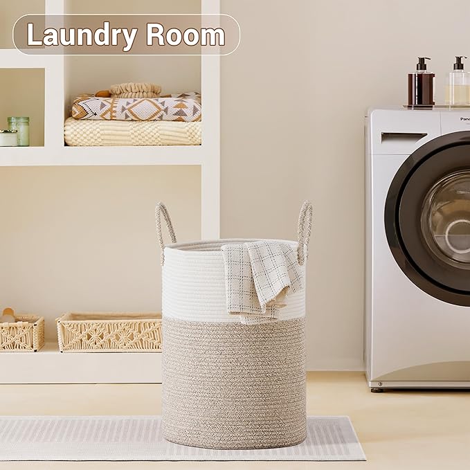 Tall Laundry Basket with Handles, 58L Portable Dirty Clothes Hamper, Boho Cotton Rope Storage Bin for Blankets Kids Toys Gifts, Decorative Organizer for Baby Nursery Bedroom Bathroom, Brown