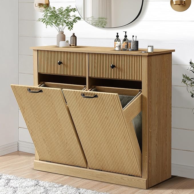 Modern Double Tilt Out Laundry Hamper Cabinet, Fluted 22 Gallon Hidden Garbage Cabinet with Storage Baskets, Wooden Trash Can Cabinets with Drawers (Natural Oak, 13"D x 39"W x 36"H (Full))